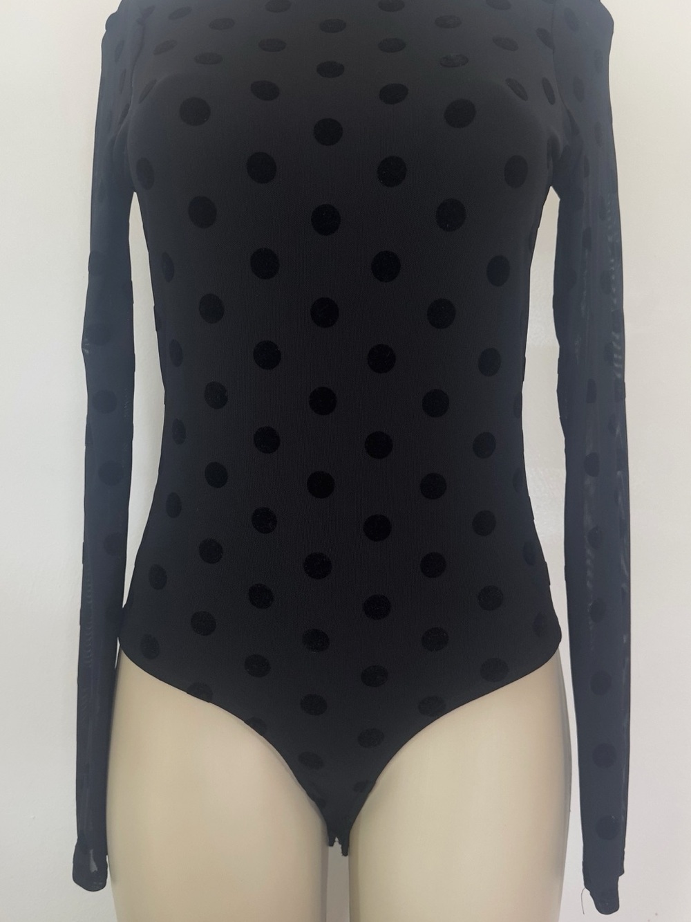 Black Long Sleeve Polka Dot Mock Neck Bodysuit